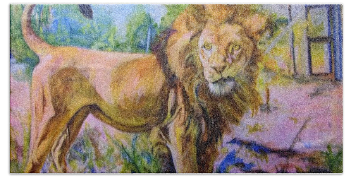 Lion Sanctuary Hand Towel featuring the painting The Lion by Rosanne Gartner