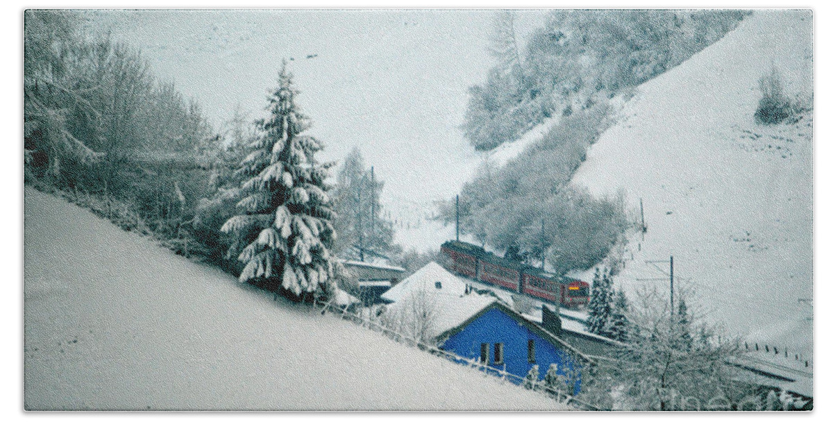 The Little Red Train Hand Towel featuring the photograph The little red train - Winter in Switzerland by Susanne Van Hulst