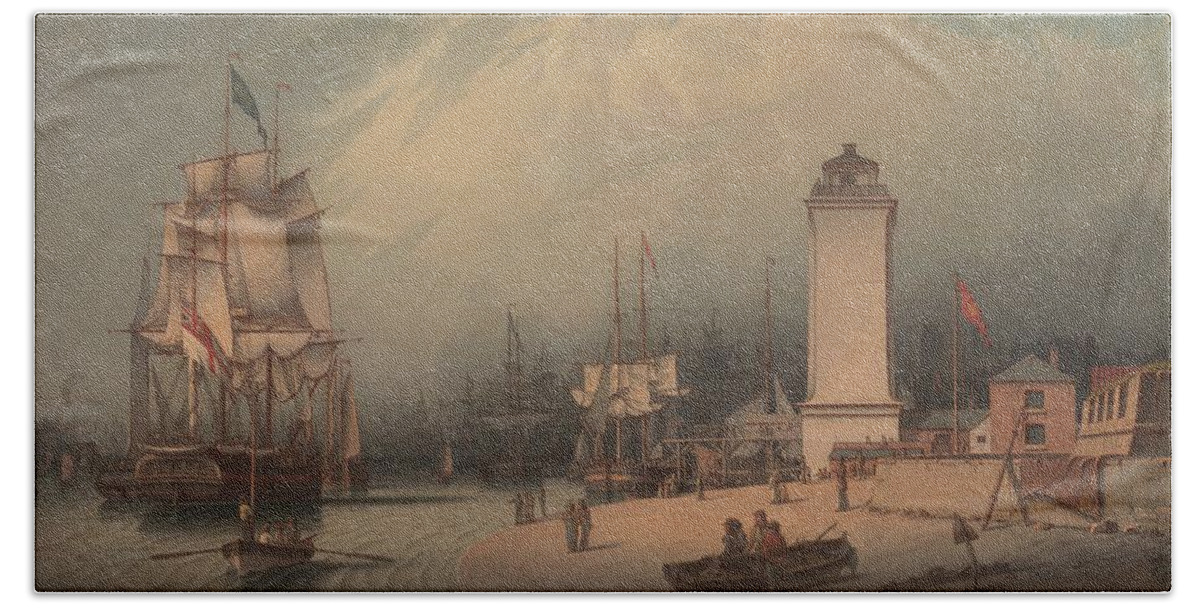 The Low Lighthouse Bath Towel featuring the painting The Low Lighthouse, North Shields by Robert Salmon, 1828. by Celestial Images