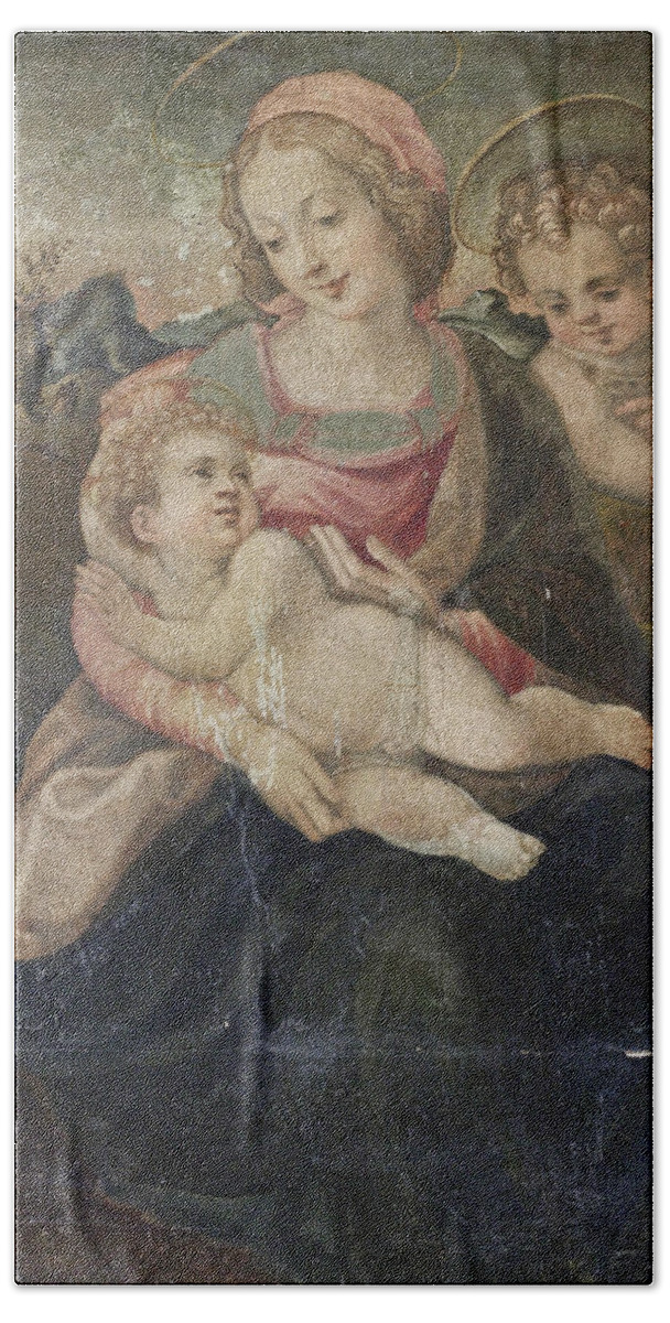 Circle Of Francesco Del Brina Bath Towel featuring the painting The Madonna and Child with the Infant Saint John the Baptist before an open landscape by Circle of Francesco del Brina