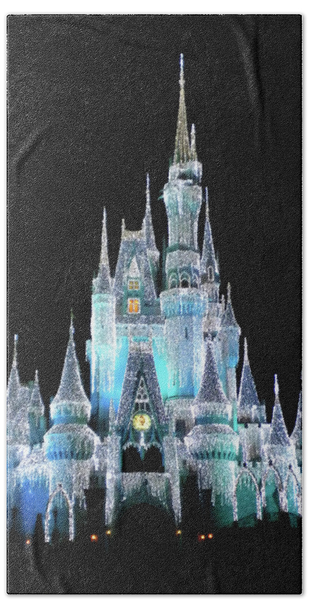 Magic Kingdom Bath Towel featuring the photograph The Magic Kingdom Castle in Frosty Light Blue Walt Disney World MP by Thomas Woolworth
