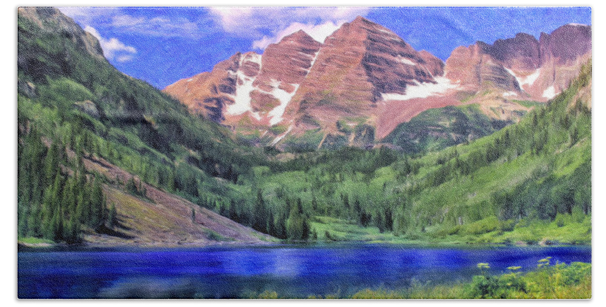 Maroon Bells Bath Towel featuring the painting The Maroon Bells by Dominic Piperata