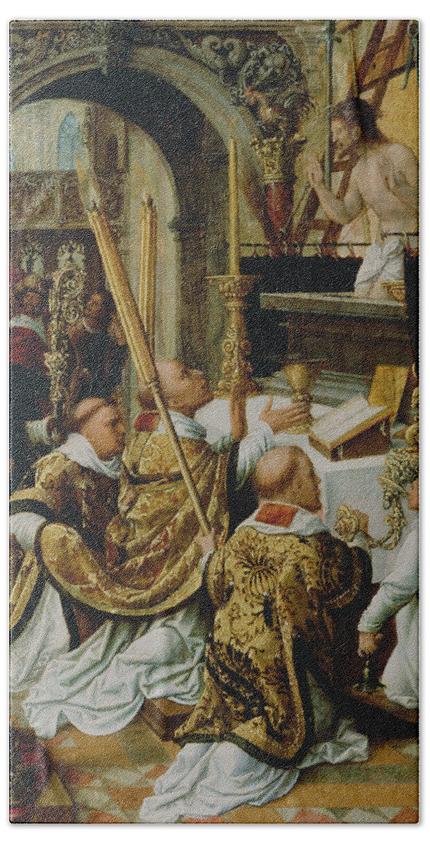 16th Century Art Bath Towel featuring the painting The Mass of Saint Gregory the Great by Adriaen Isenbrandt