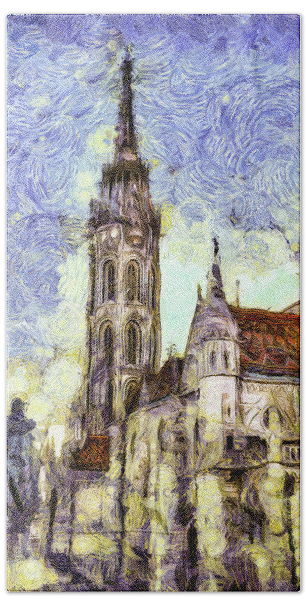 Van Gogh Bath Towel featuring the mixed media The Mathias Church Budapest Art by David Pyatt