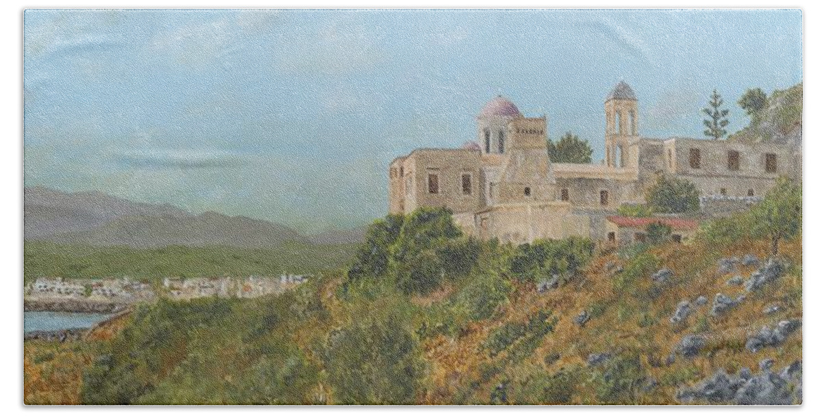 Crete Hand Towel featuring the painting The Monastery of Gonia Kolymbari Crete by David Capon