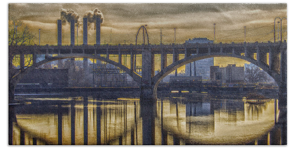 Minneapolis Hand Towel featuring the photograph The Mood Through the Third Avenue Bridge by Bill and Linda Tiepelman