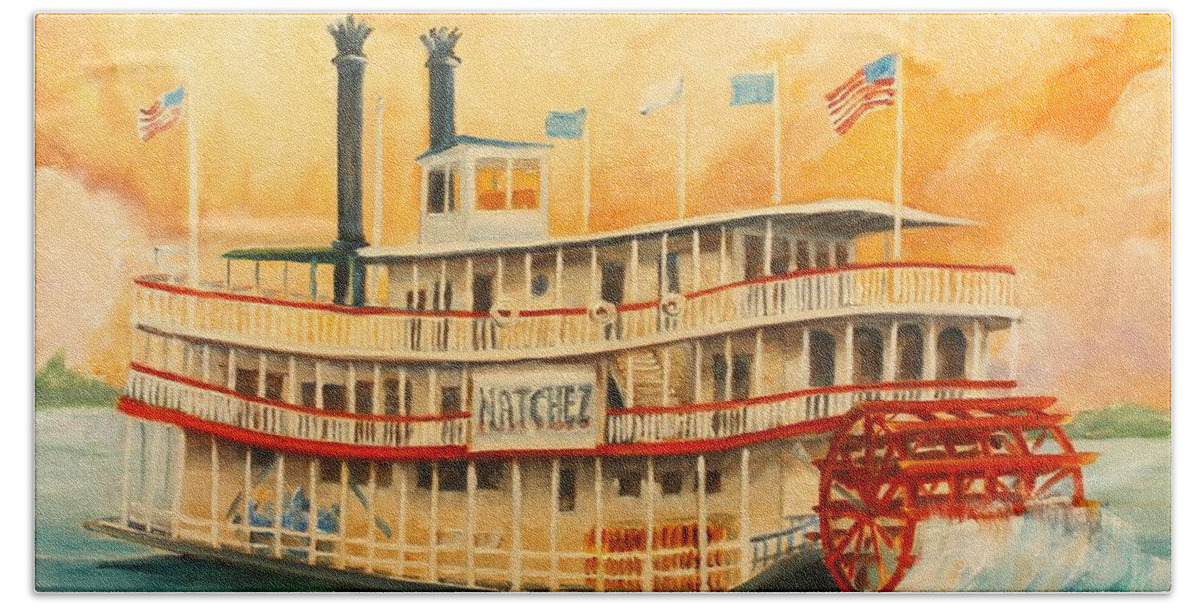 Riverboat Bath Towel featuring the painting The Natchez Riverboat by Diane Millsap