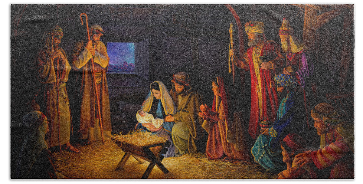 Jesus Bath Sheet featuring the painting The Nativity by Greg Olsen