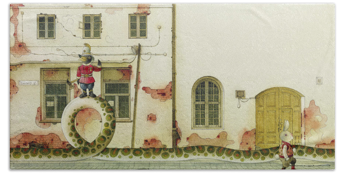 Snake Raven Rabbit Illustration Children Book Fairy Tale Street House Windows Bath Sheet featuring the drawing The Neighbor around the corner03 by Kestutis Kasparavicius