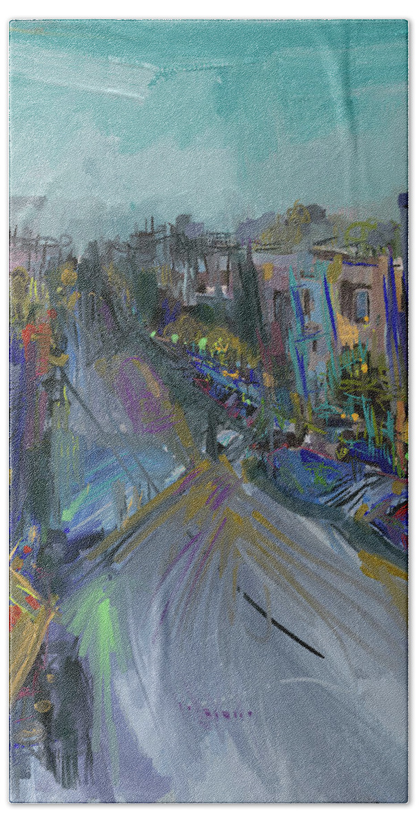 City Scene Bath Towel featuring the mixed media The neighborhood by Russell Pierce