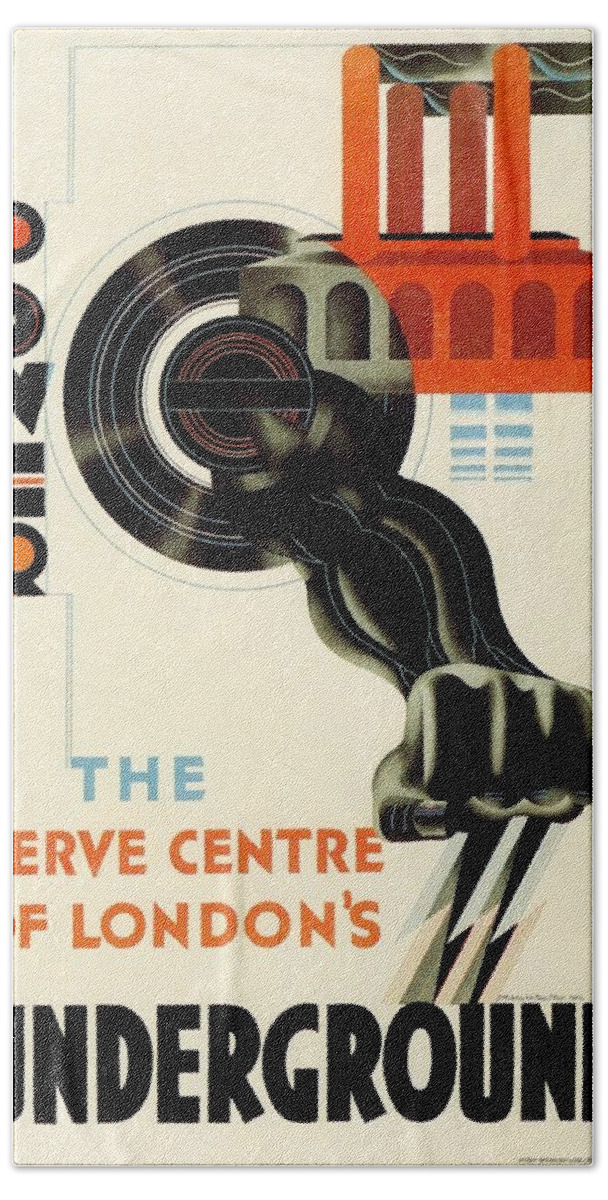 London Hand Towel featuring the mixed media The Nerve Centre of London's Underground - Retro travel Poster - Vintage Poster by Studio Grafiikka