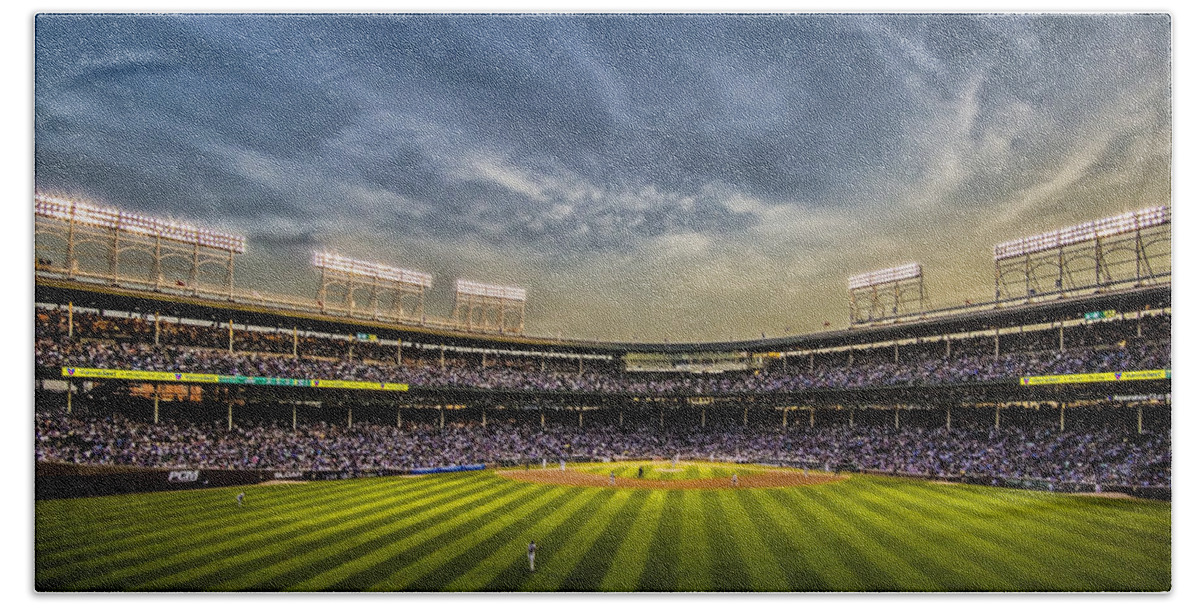 Chicago Cubs Hand Towel featuring the photograph The New Wrigley Field With Pretty Sunset Sky by Sven Brogren