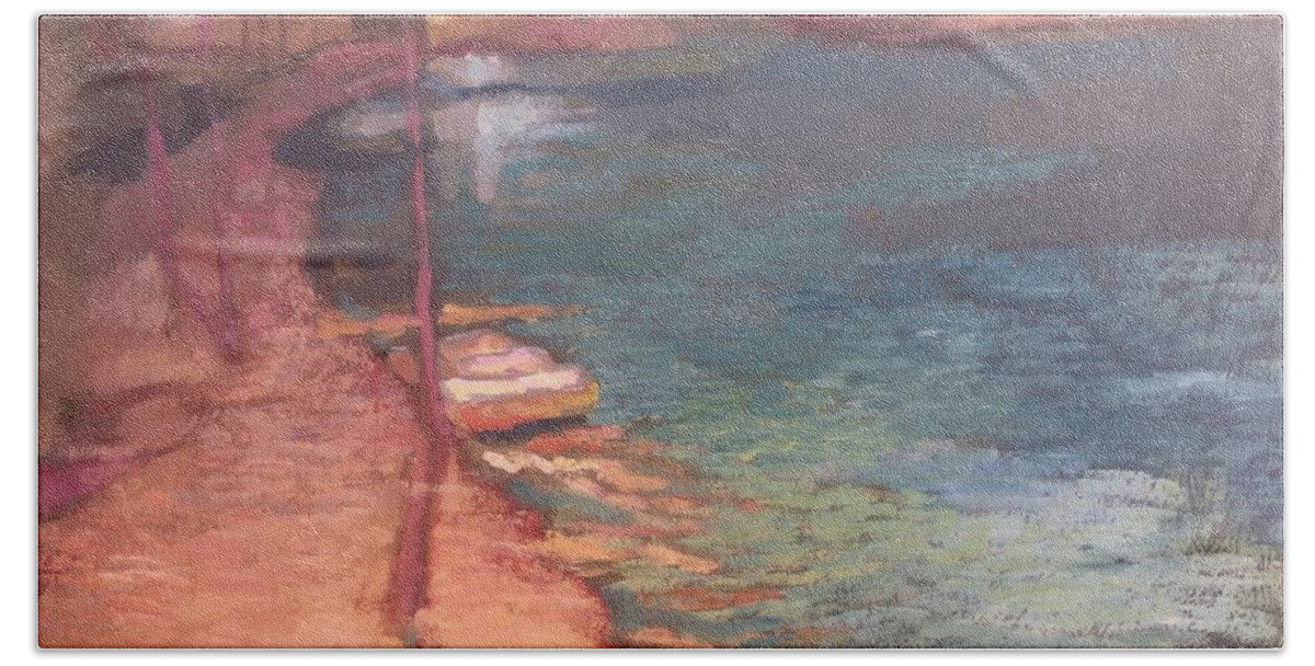 Laguna Hand Towel featuring the painting The Night Laguna by Nelya Pinchuk
