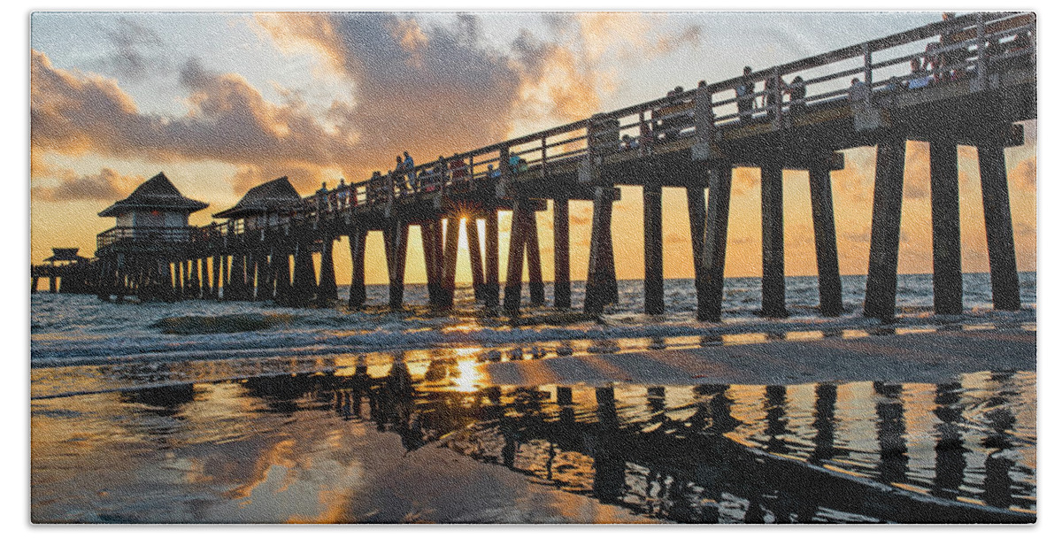 Naples Bath Towel featuring the photograph Naples pier at sunset Naples Florida Ripples by Toby McGuire