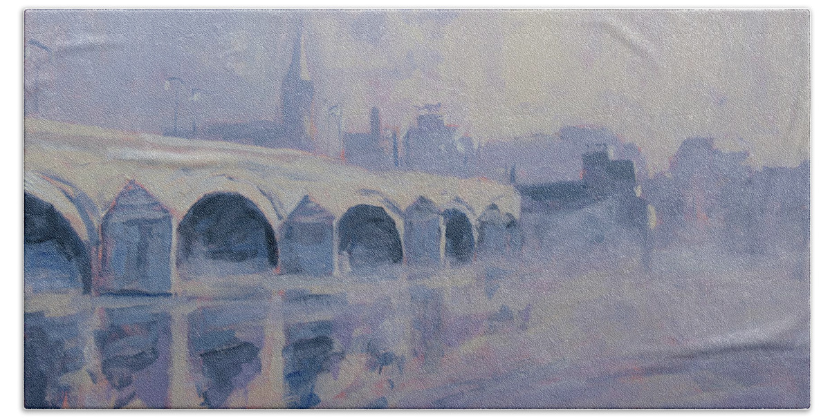 Maastricht Hand Towel featuring the painting The Old Bridge in Morning Fog Maastricht by Nop Briex