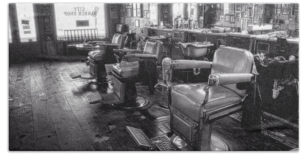 Barber Chair Bath Towel featuring the photograph The Old City Barber Shop in Black and White by Greg and Chrystal Mimbs