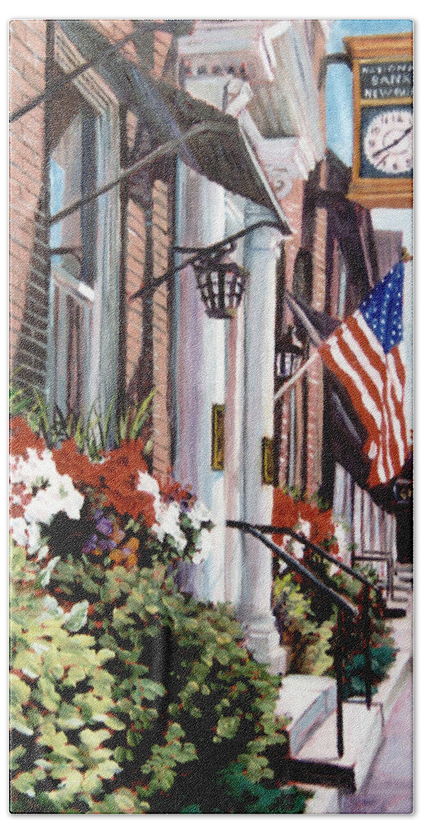 Historic Town Hand Towel featuring the painting The Old Clock by Marie Witte