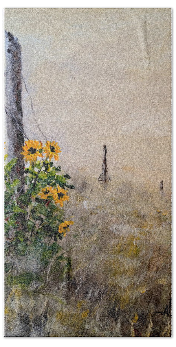 Sunflowers Bath Towel featuring the painting The Old Fence by Alan Lakin