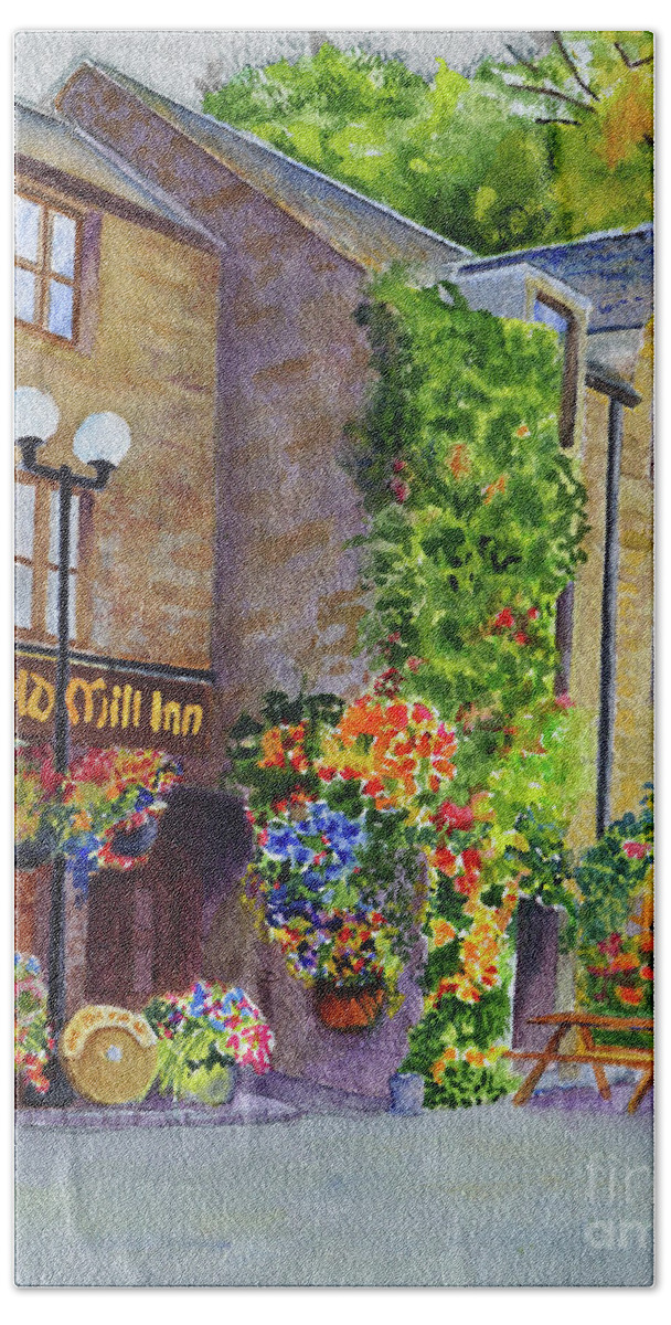 Scotland Bath Towel featuring the painting The Old Mill Inn by Karen Fleschler