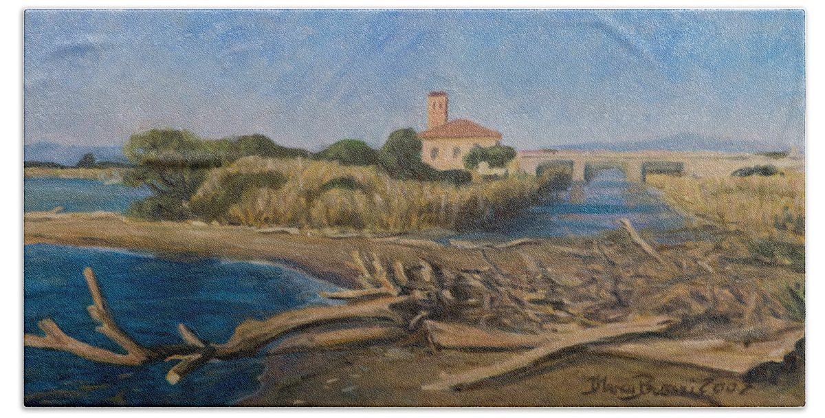 Tuscany Hand Towel featuring the painting The outfall of Ombrone river by Marco Busoni