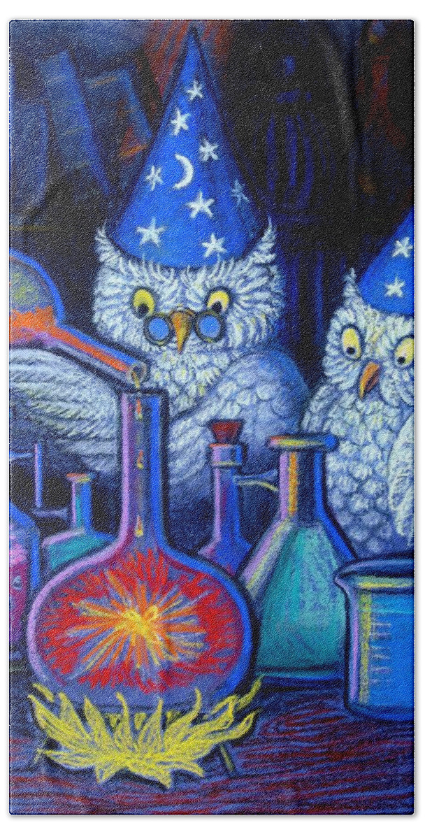 Fantasy Hand Towel featuring the painting The Owl Chemists by Sue Halstenberg