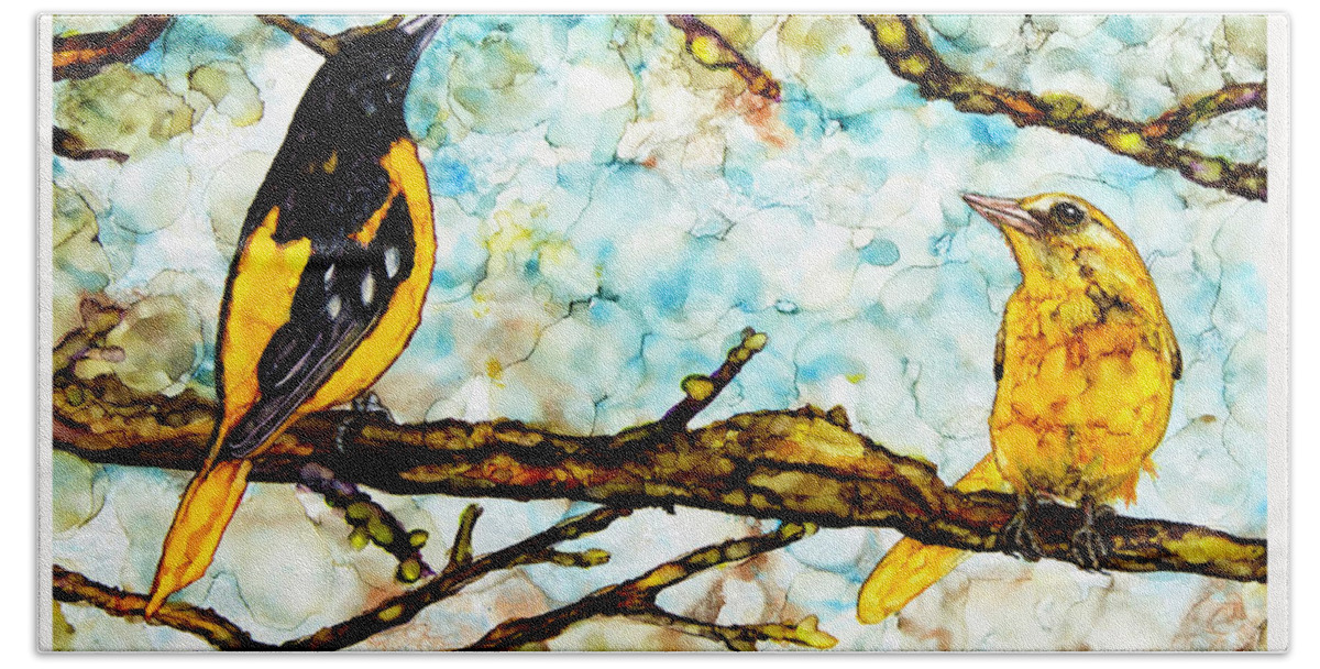 Oriole Hand Towel featuring the painting The Pair 2 by Jan Killian