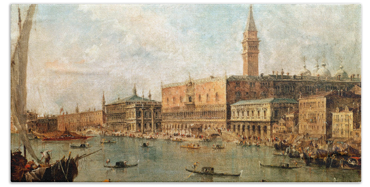 Venice: The Doge's Palace And The Molo From The Basin Of San Marco Bath Towel featuring the painting The Palace and the Molo from the Basin of San Marco by Francesco Guardi