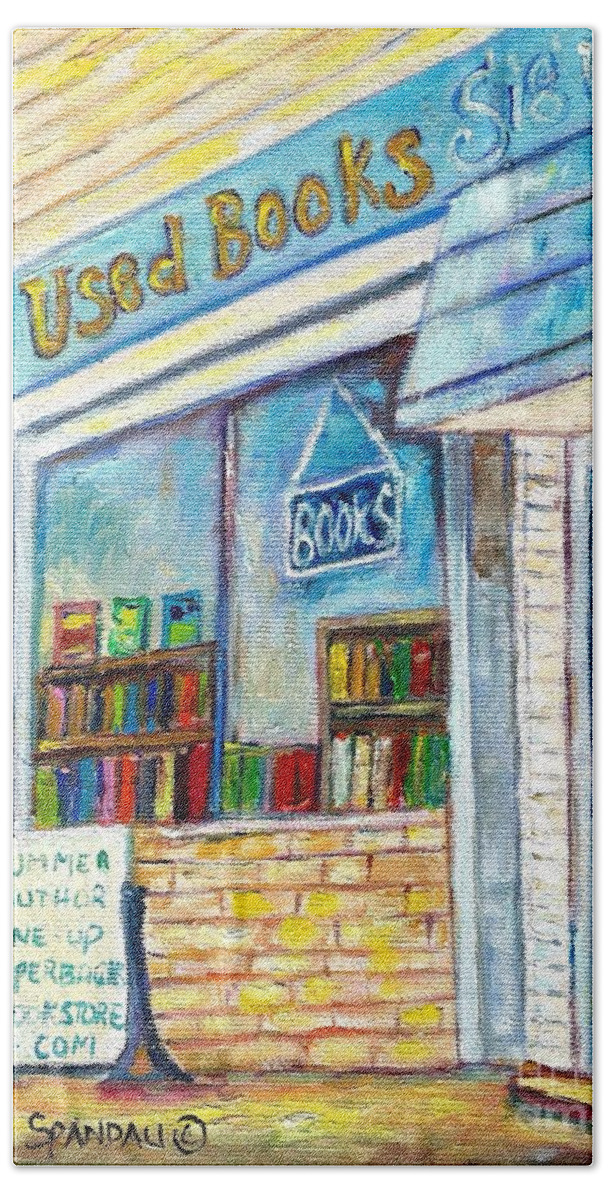Book Store Bath Towel featuring the painting The Paperbacks Plus Book Store St Paul Minnesota by Carole Spandau