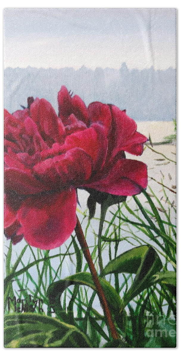 Manigotagan Bath Towel featuring the painting The Peony by Marilyn McNish