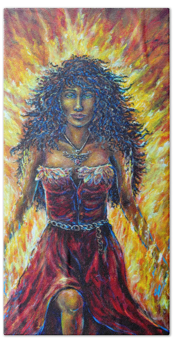 Fantasy Figurative Female Phoenix Fire Red Yellow Strength Passion Hand Towel featuring the painting The Phoenix by Gail Butler