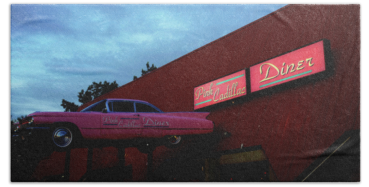 Diner Hand Towel featuring the photograph The Pink Cadillac Diner by Mary Capriole