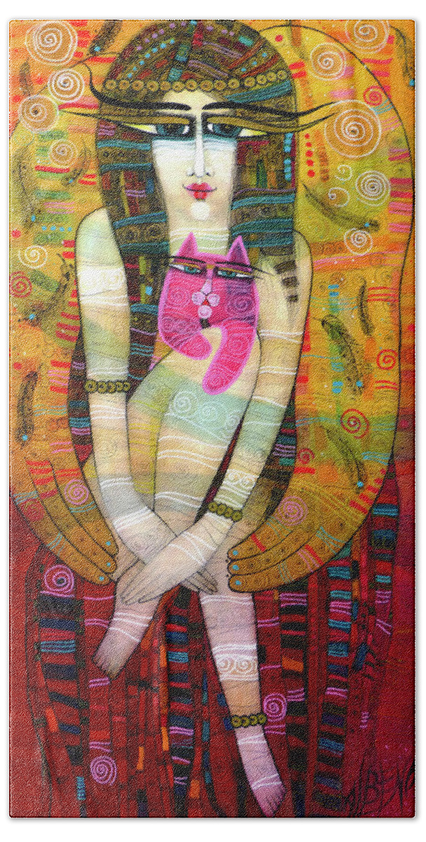 Angel Bath Towel featuring the painting The Pink Cat Angel by Albena Vatcheva