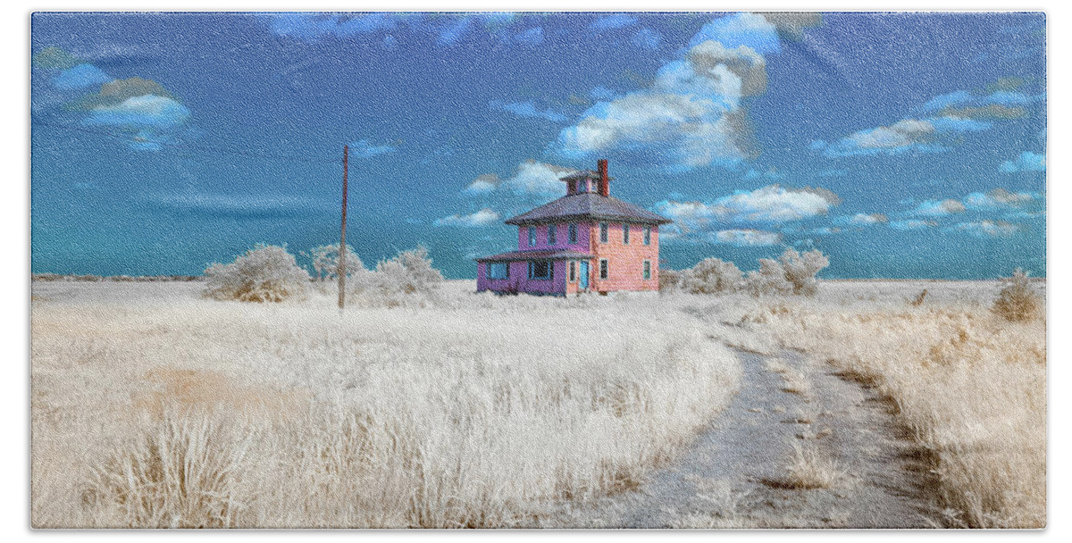 Hale Spectrum Halespectrum Halespectrum2.0 2.0 Clouds Cloudy Bush Bushes Trees Sky Grass Color Infrared Colour Ir Infra Red Outside Outdoors Nature Natural Partial Architecture Brian Hale Brianhalephoto Ma Mass Massachusetts U.s.a. Usa The Pink House Cape Elizabeth Plum Island Double Exposure Iconic Historic Hand Towel featuring the photograph The Pink House in HaleSpectrum 2 by Brian Hale