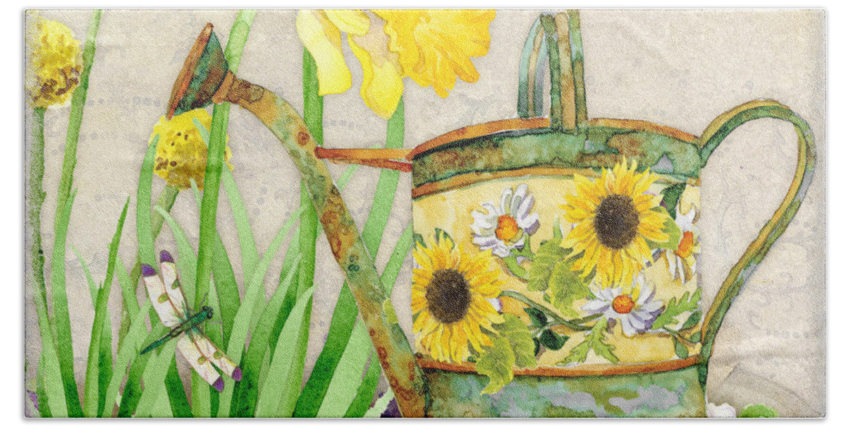 Pansy Bath Towel featuring the painting The Promise of Spring - Watering Can by Audrey Jeanne Roberts