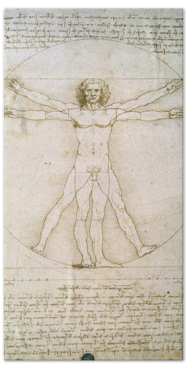 The Bath Towel featuring the painting The Proportions of the Human Figure by Leonardo Da Vinci