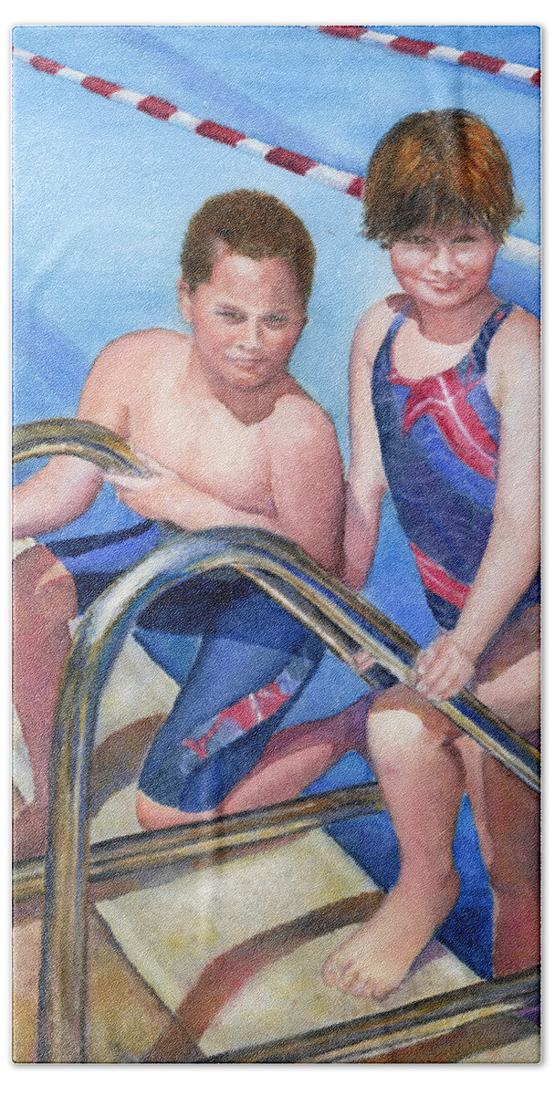 Swimming Pool Bath Towel featuring the painting The Proud Swimmers by Wendy Keeney-Kennicutt