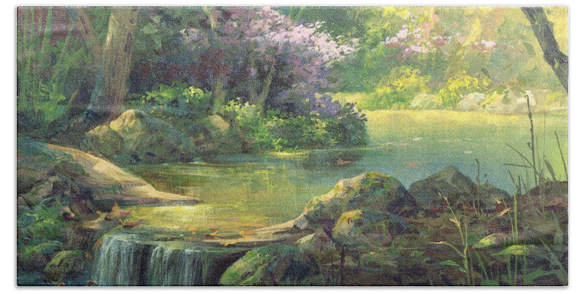 Michael Humphries Bath Towel featuring the painting The Quiet Creek by Michael Humphries