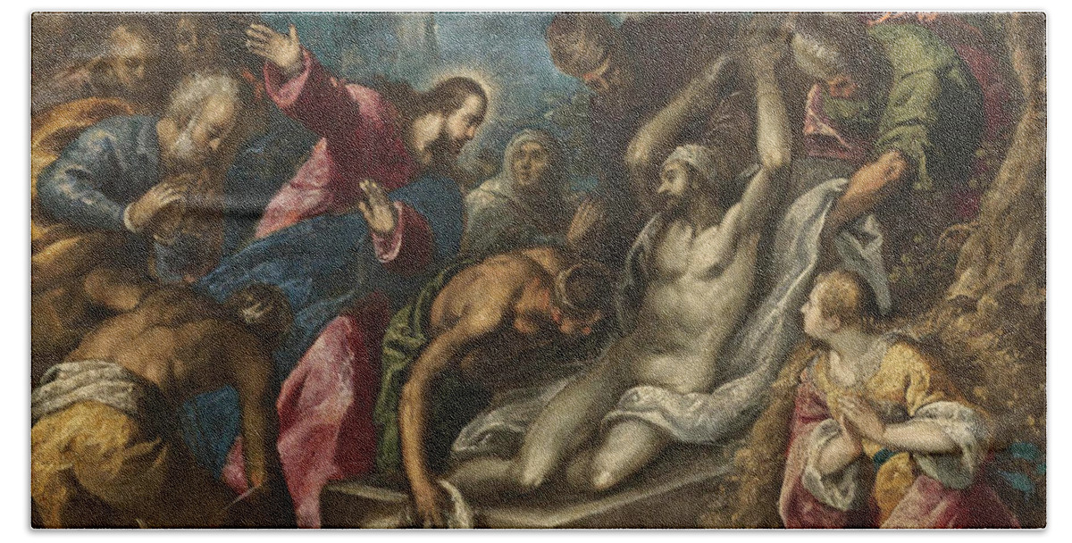 Follower Of Palma Il Giovane Hand Towel featuring the painting The Raising of Lazarus by Follower of Palma Il Giovane