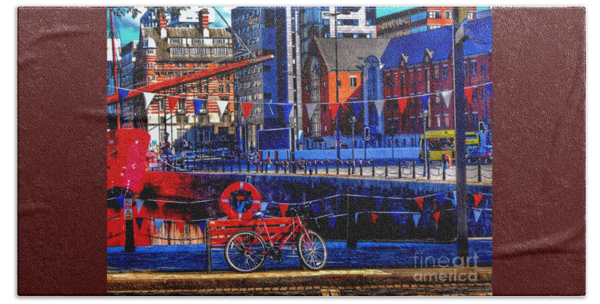 Red Bicycle Bath Towel featuring the photograph The Red Bicycle at Albert Dock by Joan-Violet Stretch