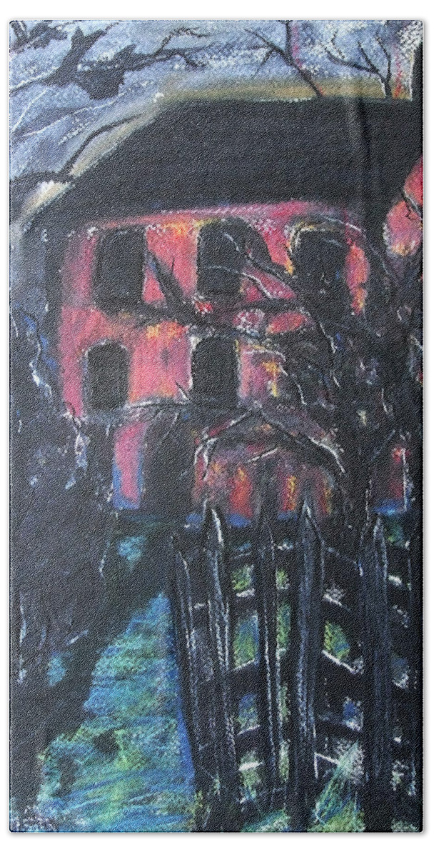 Original Art Pastel Chalk Drawing Red House Tree Fence Hand Towel featuring the pastel The Red House by Katt Yanda