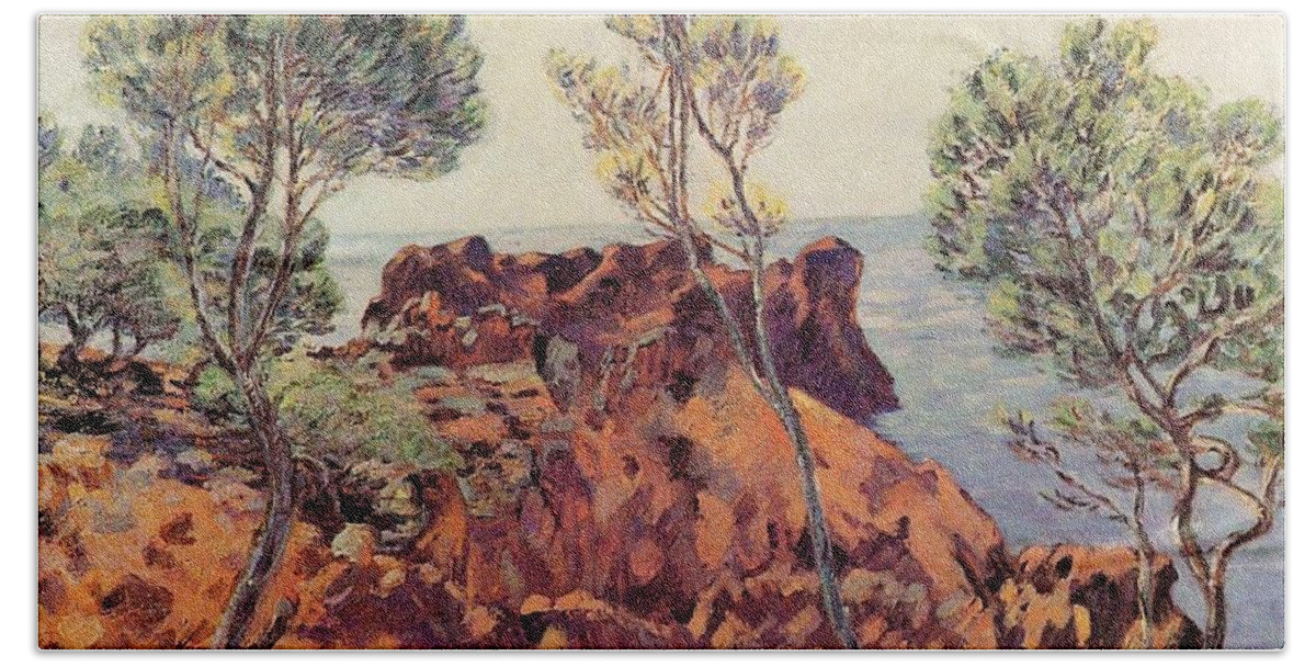 Agay - The Red Rocks Bath Towel featuring the painting the Red Rocks by Armand Guillaumin