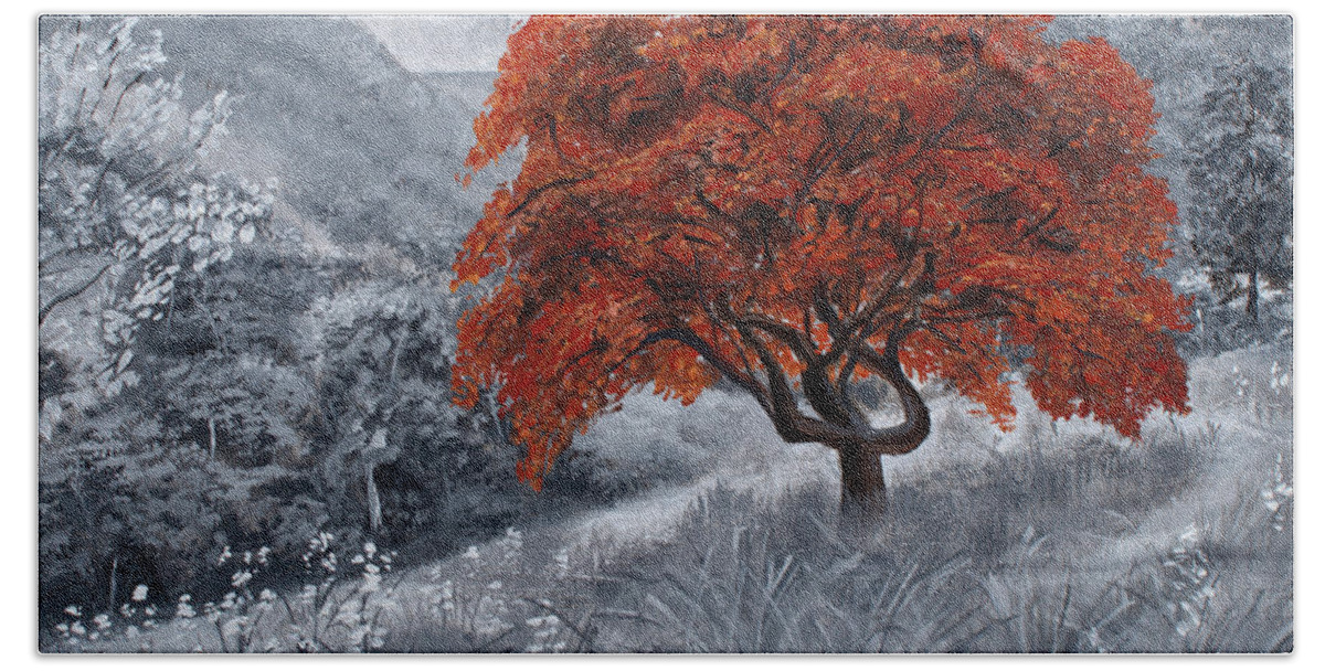 Grayscale Bath Towel featuring the painting The Red Tree by Stephen Krieger