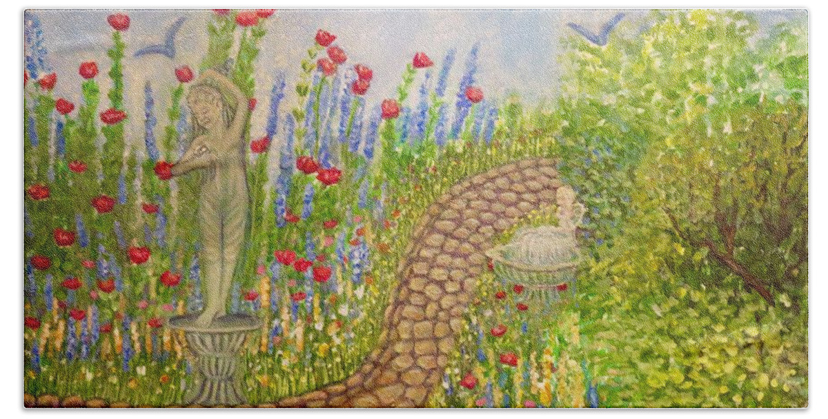 Rose Dancer Statue Feminine Form Angel Fountain Winding Old World Stone Pathway Victorian Red Pink Blue Yellow White Flowers Nature Scene Backyard Garden Victorian And Meadow Gardens Mediation Zen Garden Acrylic And Watercolor Paintings Hand Towel featuring the painting The Rose Dancer Garden of Victorian Delight by Kimberlee Baxter