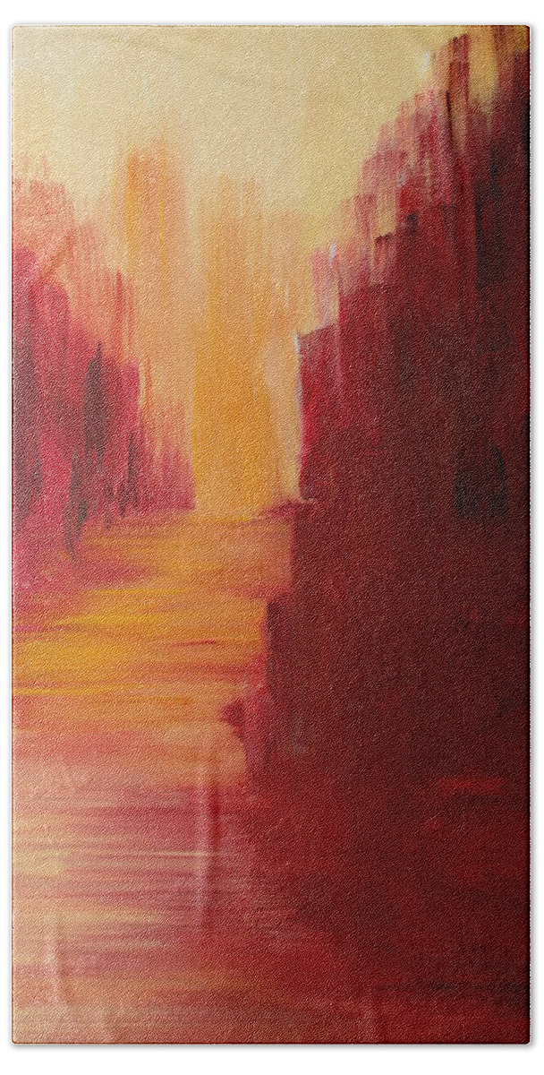 Red Bath Towel featuring the painting The Ruby Way by Julie Lueders 