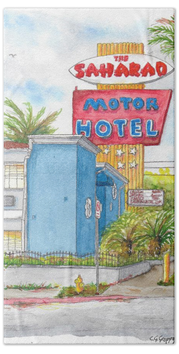 The Saharan Motor Hotel Hand Towel featuring the painting The Saharan Motor Motel in Hollywood, California by Carlos G Groppa