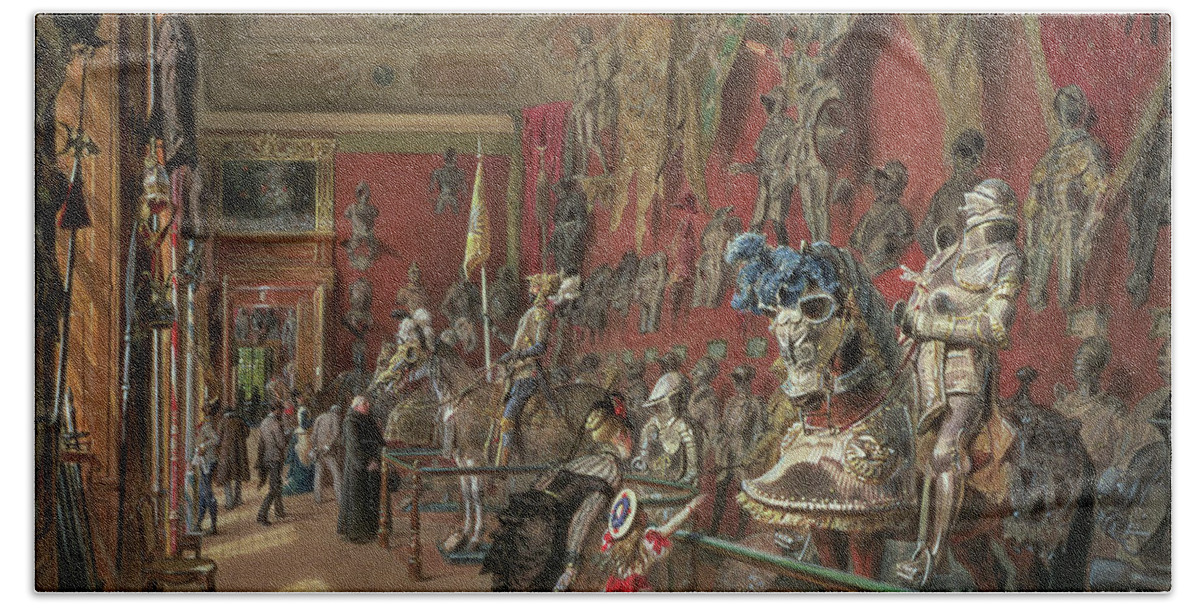 Exhibition Hand Towel featuring the painting The second Armoury Room in the Ambraser Gallery of the Lower Belvedere by Carl Goebel
