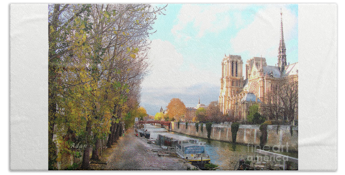 Notre Dame Hand Towel featuring the photograph The Seine and Quay Beside Notre Dame, Autumn by Felipe Adan Lerma