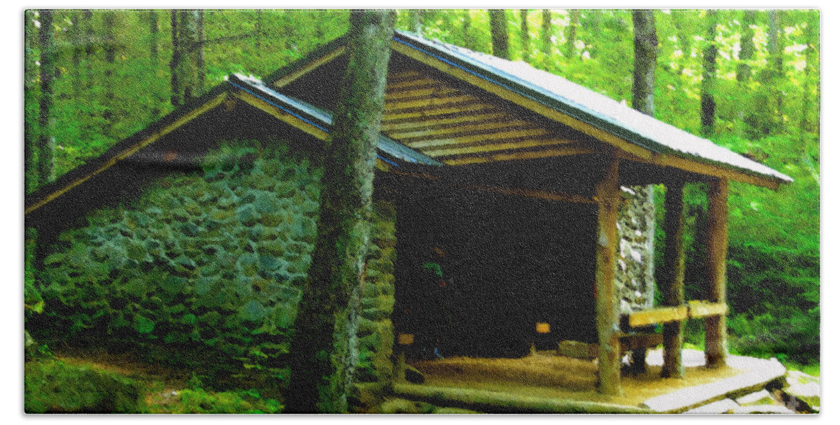 Appalachian Trail Shelter Bath Sheet featuring the painting The Shelter by David Lee Thompson