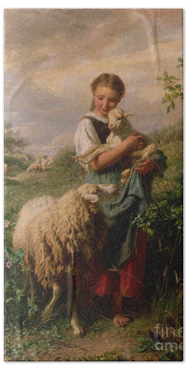 Shepherdess Hand Towel featuring the painting The Shepherdess by Johann Baptist Hofner