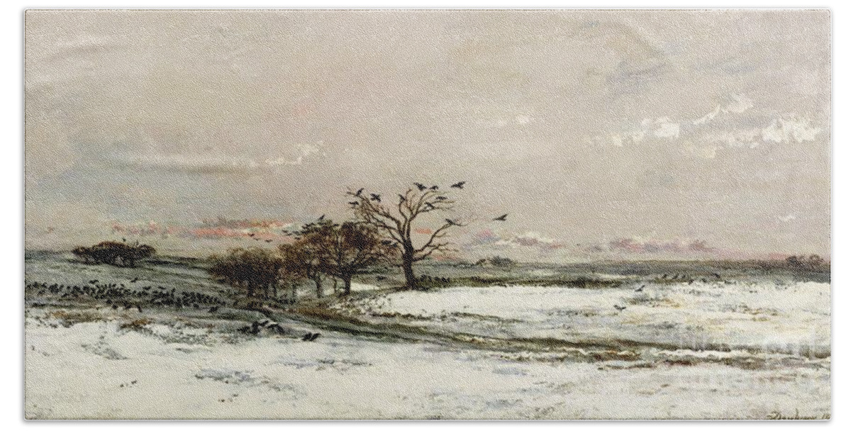 The Hand Towel featuring the painting The Snow by Charles Francois Daubigny